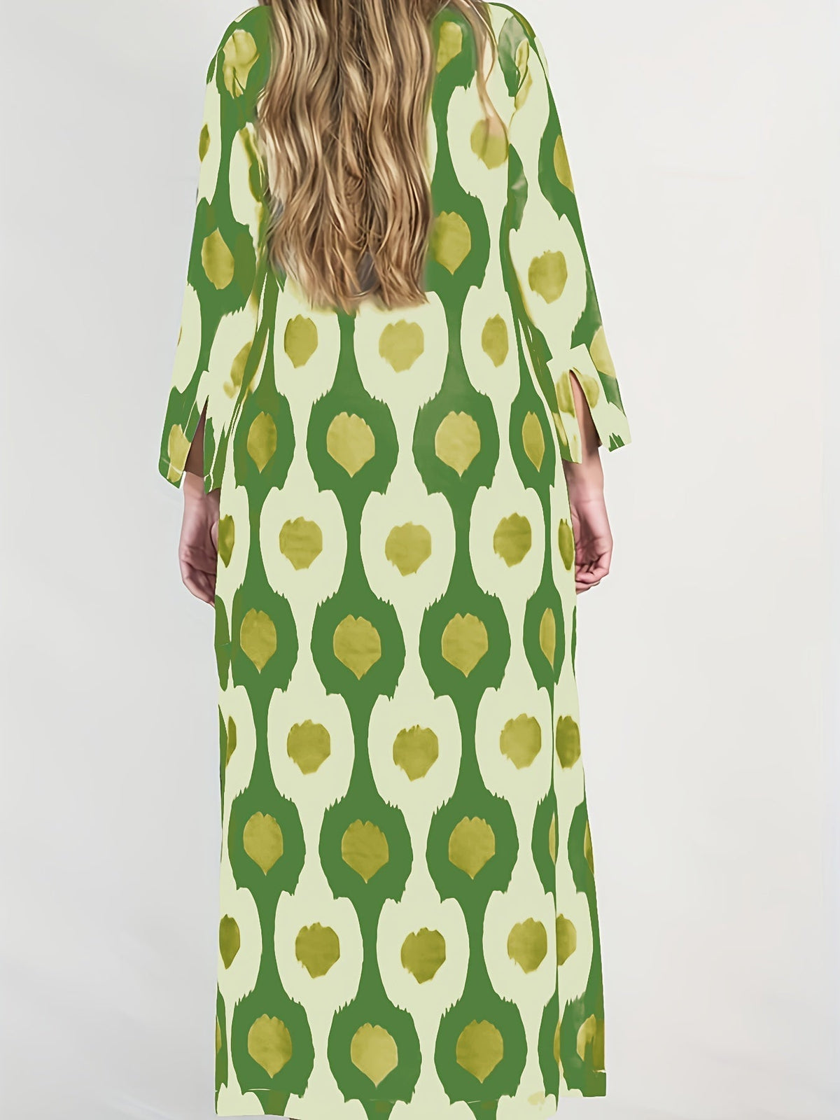 Graphic Print Split Dress, Vintage V Neck Long Sleeve Maxi Dress