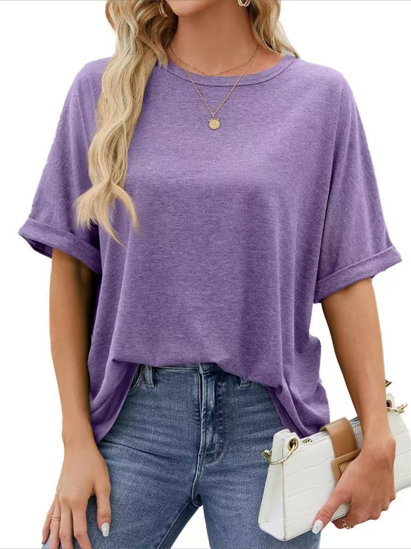 Casual Short Sleeve Crewneck Solid Color Loose T-Shirt
