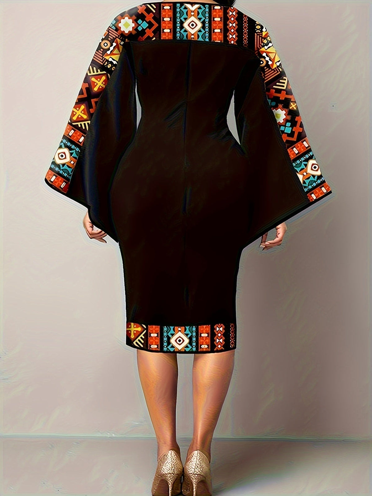 Colorblock Geometric Print Bell Sleeve Round Neck Keyhole Midi Dress