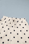 White Polka Dot Short Sleeve Loose Top Drawstring Shorts Set