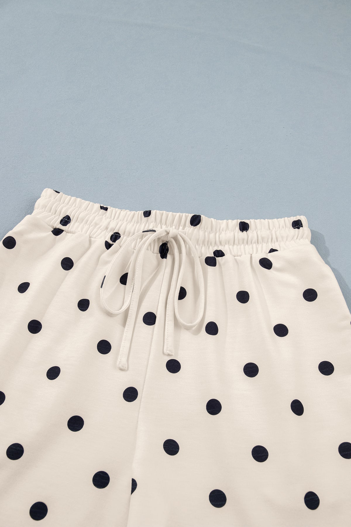 White Polka Dot Short Sleeve Loose Top Drawstring Shorts Set