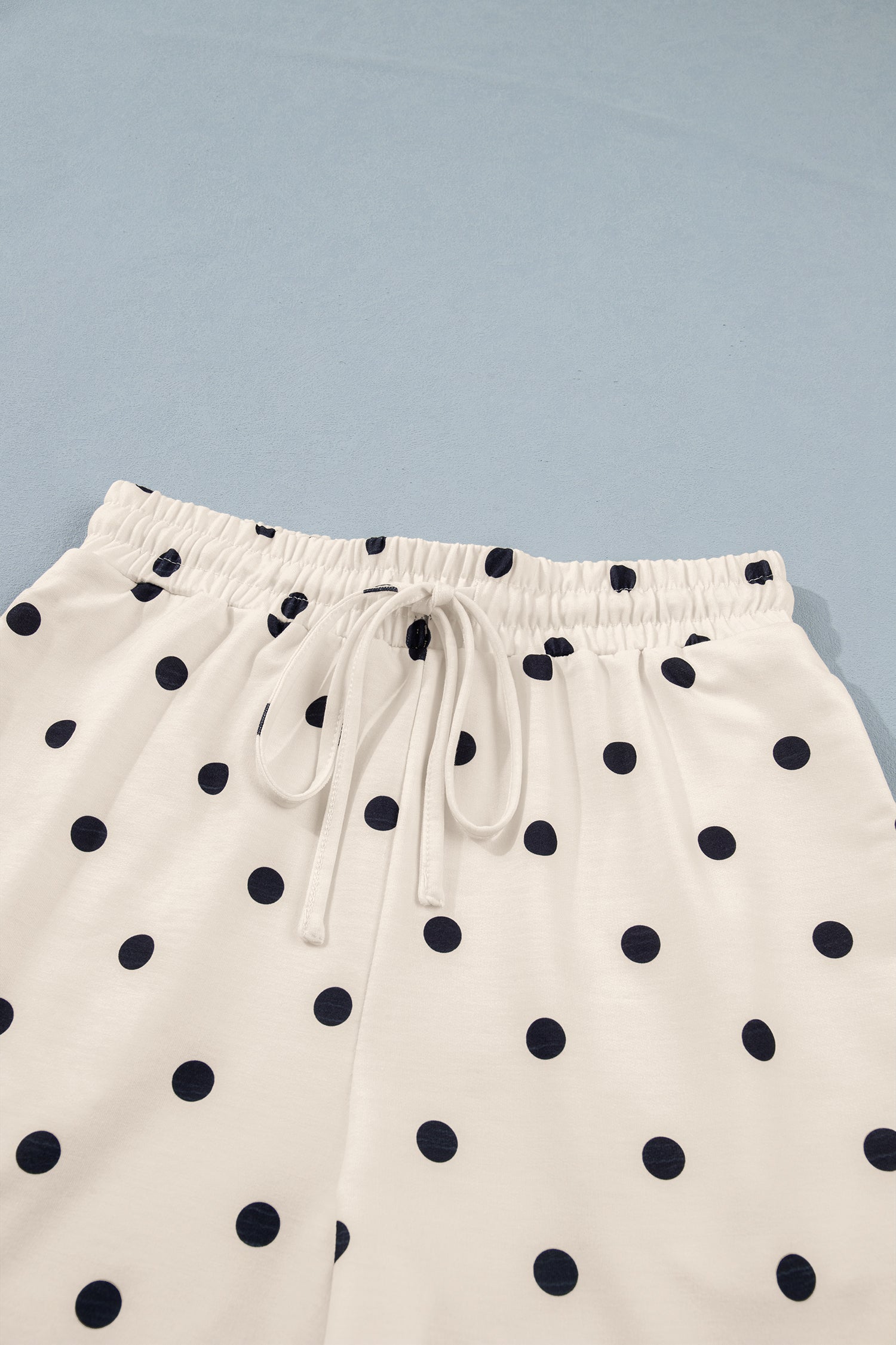 White Polka Dot Short Sleeve Loose Top Drawstring Shorts Set