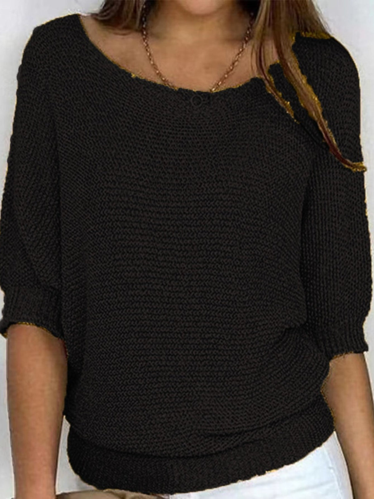 Solid Simple Knit Sweater, Casual Crew Neck 3/4 Sleeve Sweater