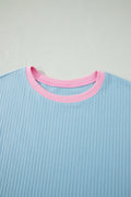 Mist Blue Soft Ribbed Color Block Trim Casual Short Set