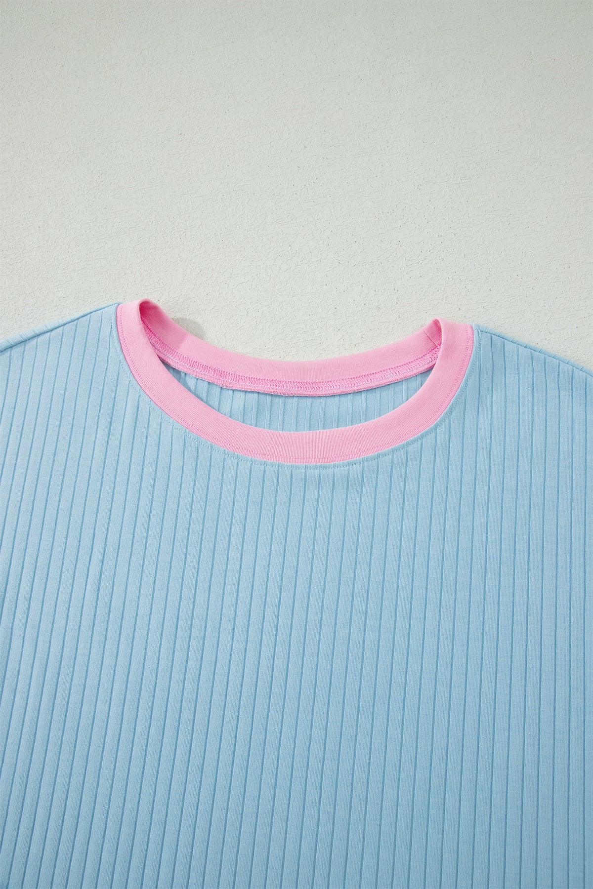 Mist Blue Soft Ribbed Color Block Trim Casual Short Set
