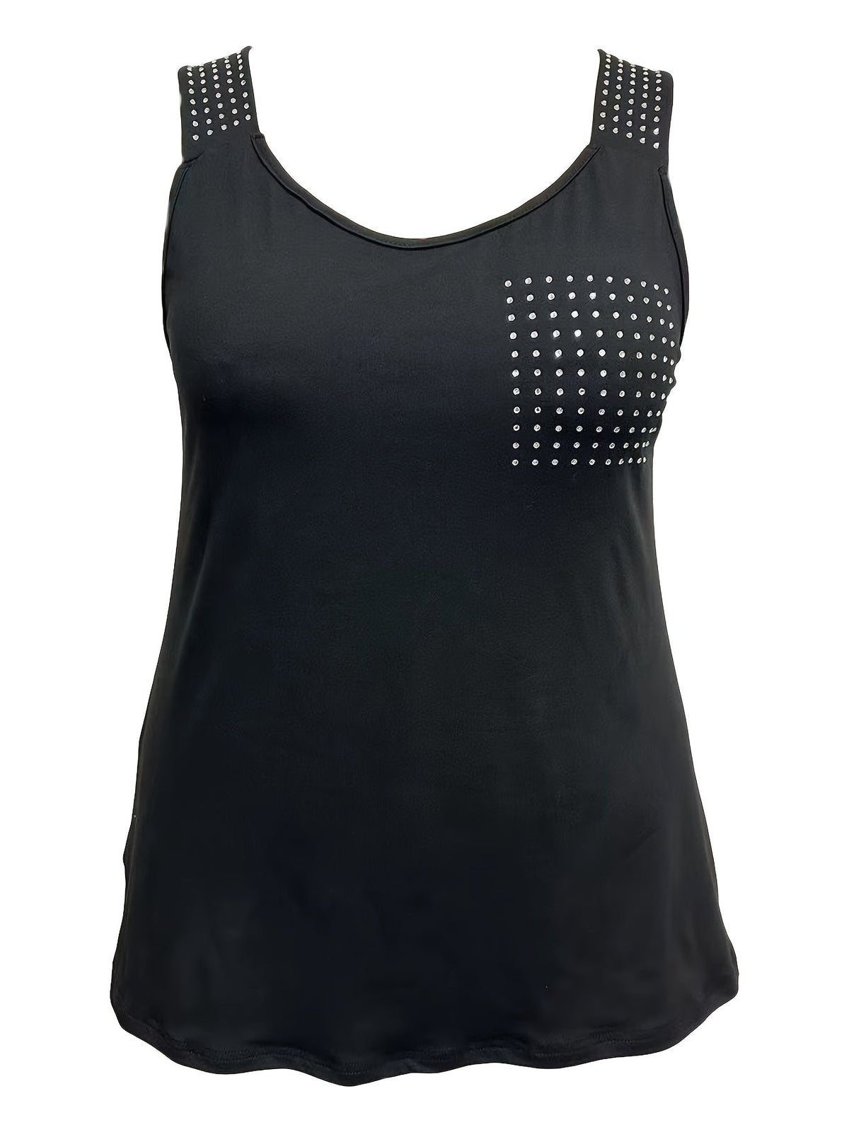 Rhinestone Solid Tank Top, Casual Crew Neck Sleeveless Top