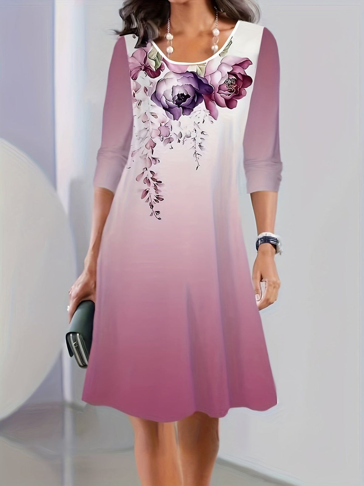 Graphic Print Long Sleeve Dress, Casual Crew Neck Midi Dress