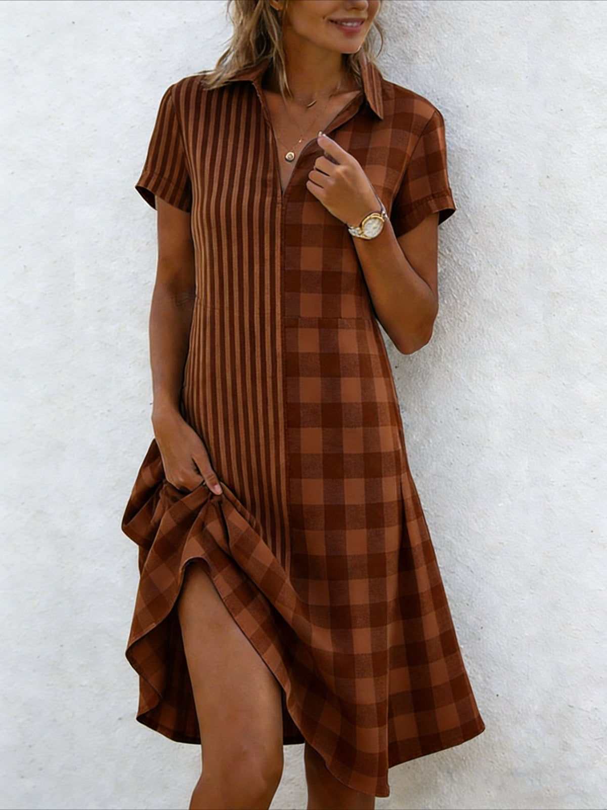 Elegant Loose Shawl Collar Geometric Shirt Dress