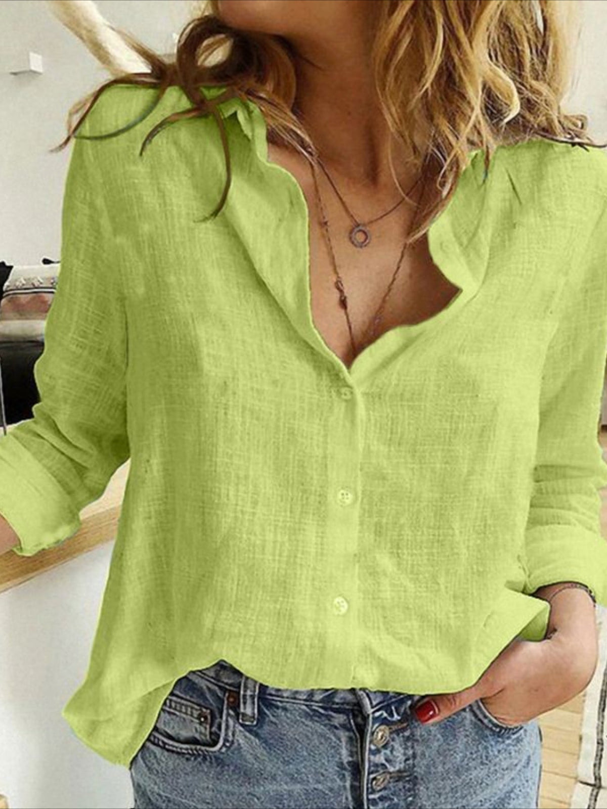 Long Sleeve Linen Shirt, Casual Button Up Shirt For Spring & Fall, Women's Clothing