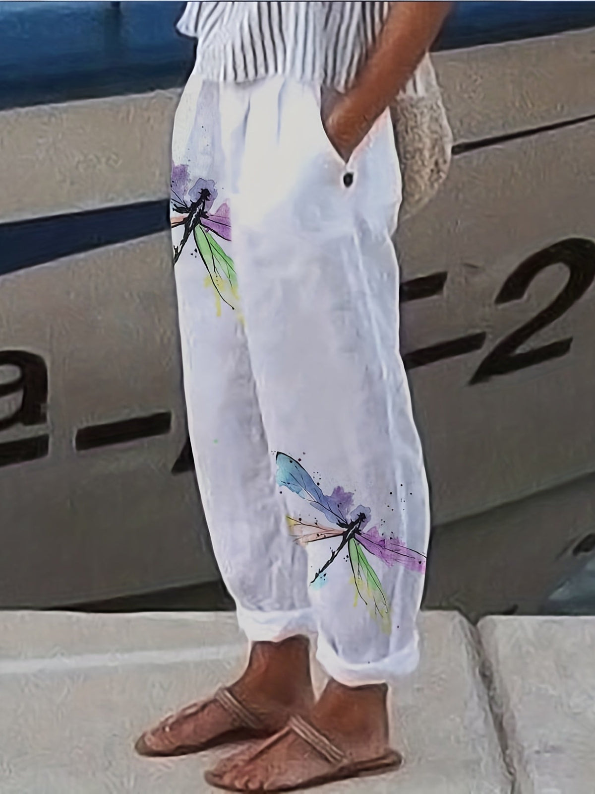 Boho Dragonfly Print Pants, Vintage High Waist Long Length Summer Pants