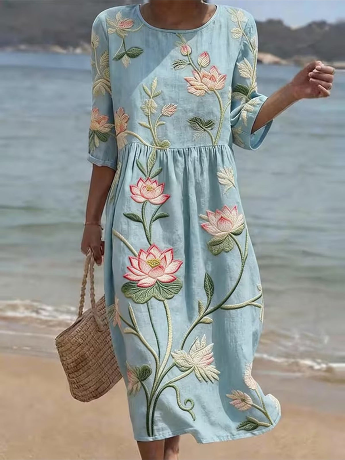 Casual Round Neck Mid Sleeve Printed Dress