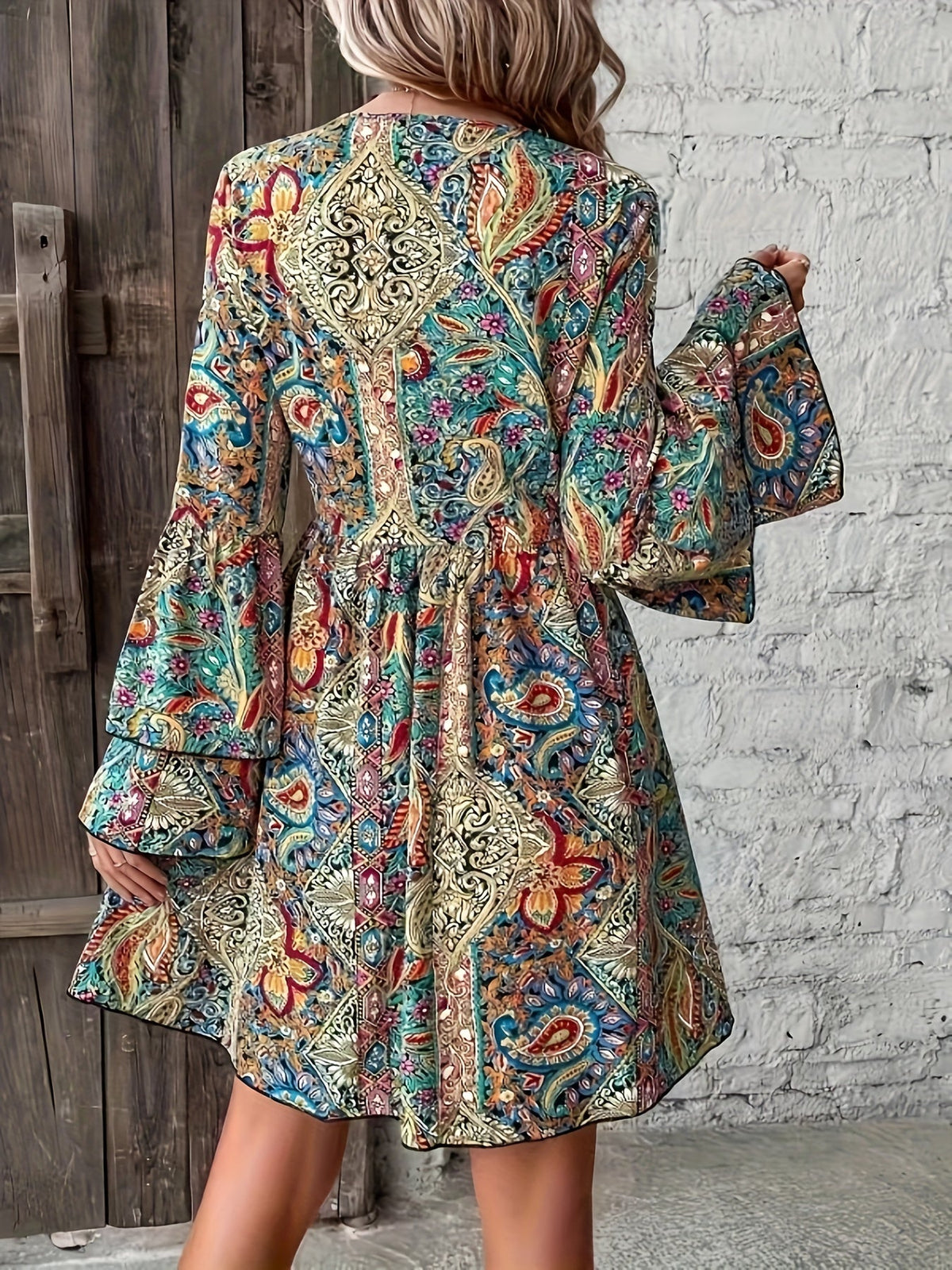 Paisley Print V Neck Dress, Elegant Layered Sleeve A-line Dress