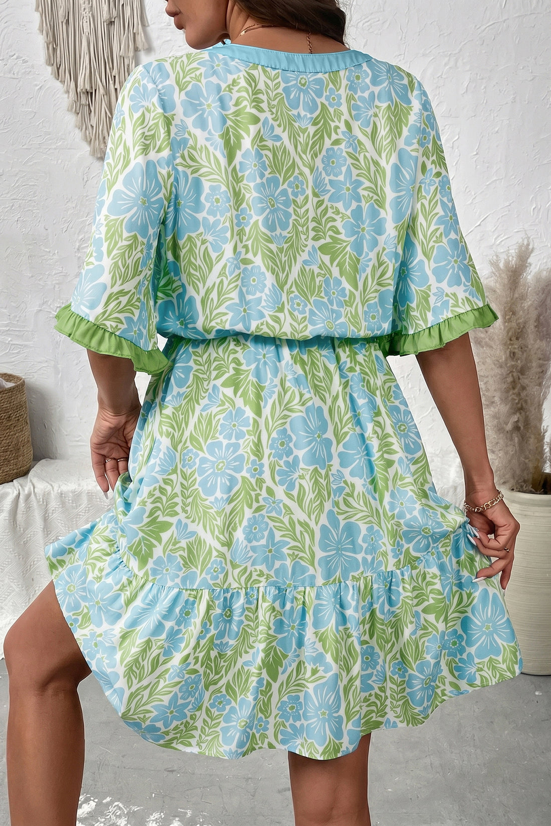 Sky Blue Floral Print High Waist Ruffle Short Sleeve Mini Dress