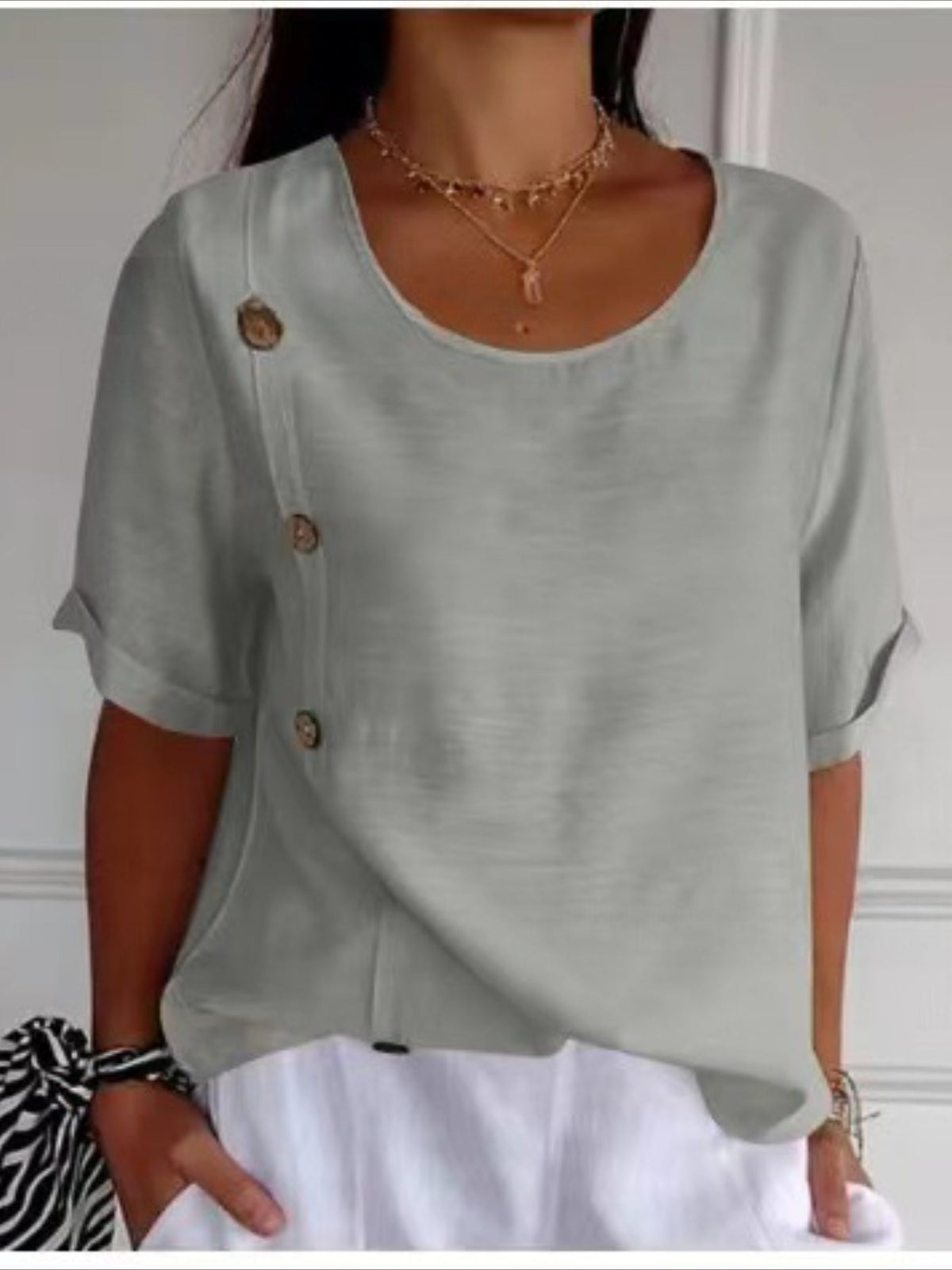 Elegant Solid Color Casual Loose Fit Crew Neck Shirt