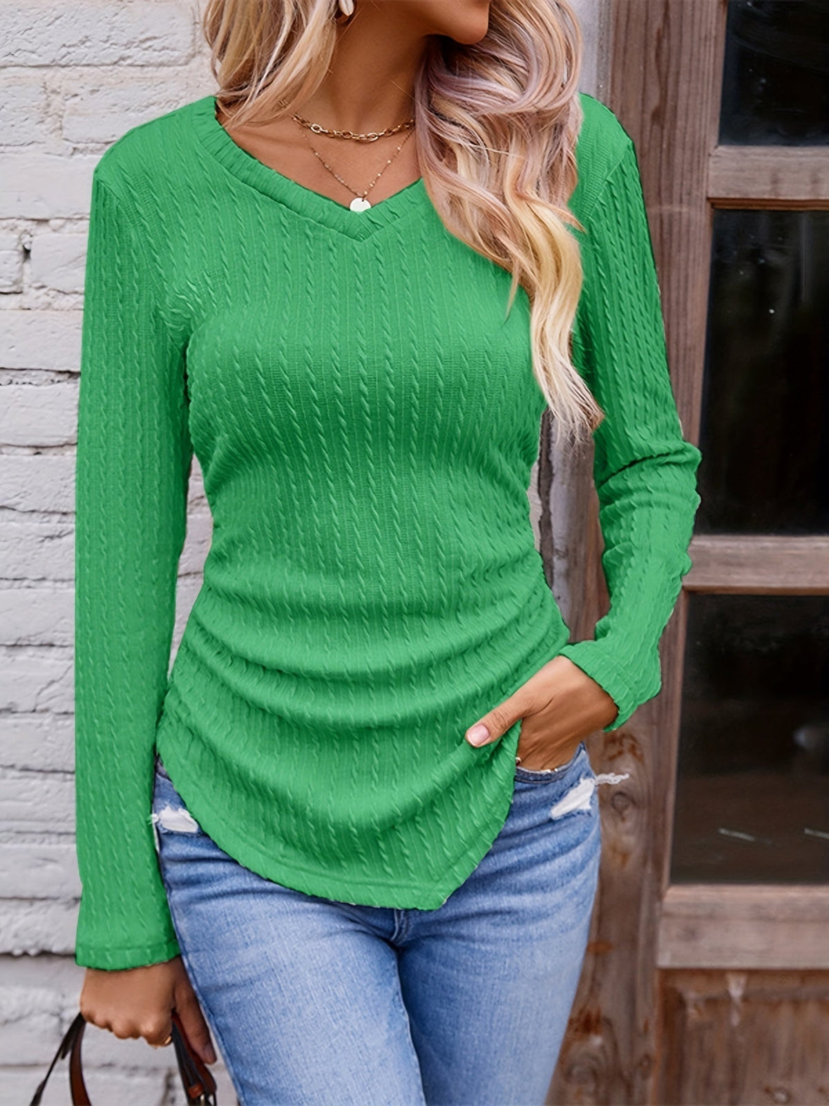 Twist Textured V Neck T-Shirt, Casual Long Sleeve Top