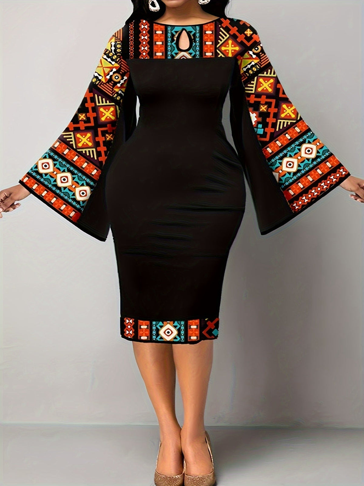 Colorblock Geometric Print Bell Sleeve Round Neck Keyhole Midi Dress