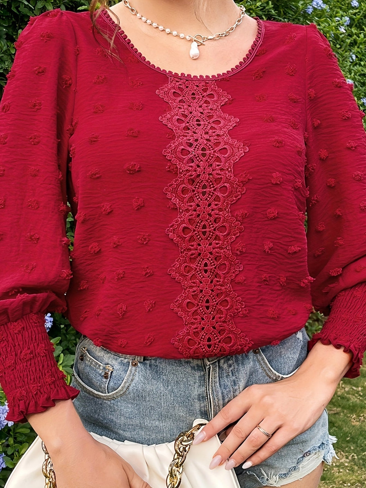 Swiss Dot Crew Neck Blouse, Elegant Long Sleeve Top