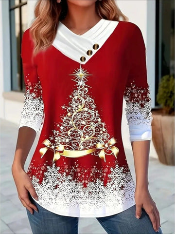 Christmas Tree Print Button Decor T-shirt, Casual Long Sleeve Plaid Print T-shirt
