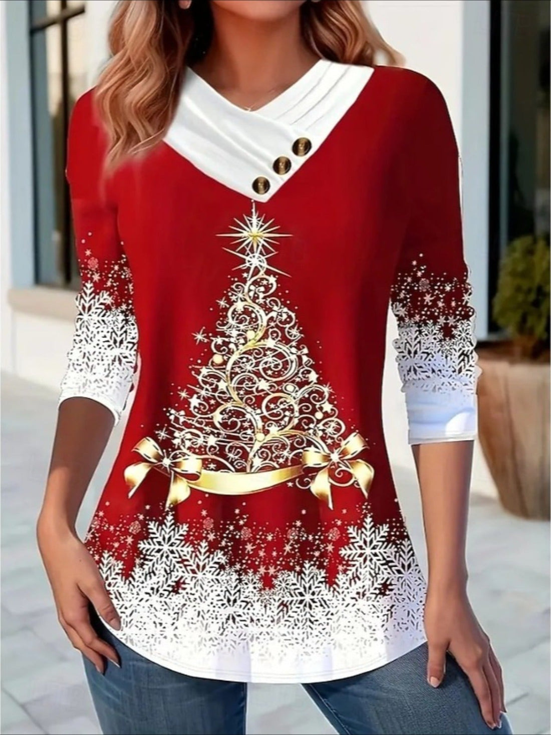 Christmas Tree Print Button Decor T-shirt, Casual Long Sleeve Plaid Print T-shirt