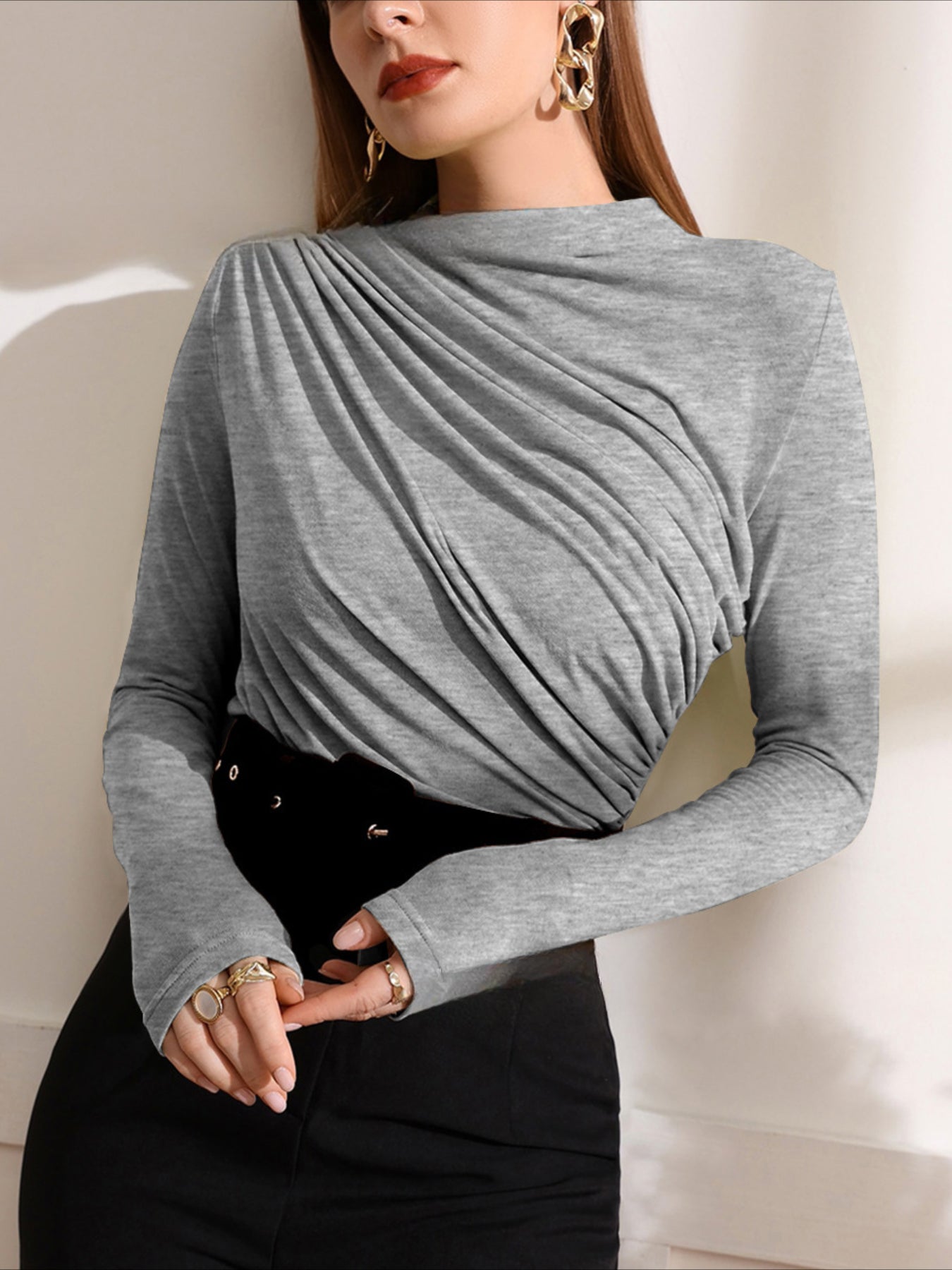 Chic Fall/Winter Ruched Mock Neck Long Sleeve Top