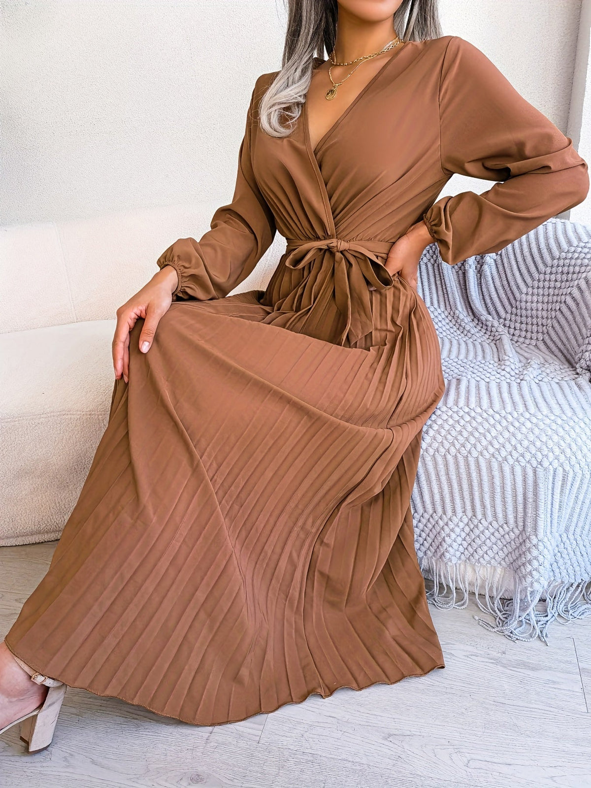 Pleated Surplice Neck Dress, Elegant Long Sleeve Solid Dress, Women's Clothing
