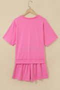 Strawberry Pink Raw Edge Patch Pocket Oversized Top and Shorts Set