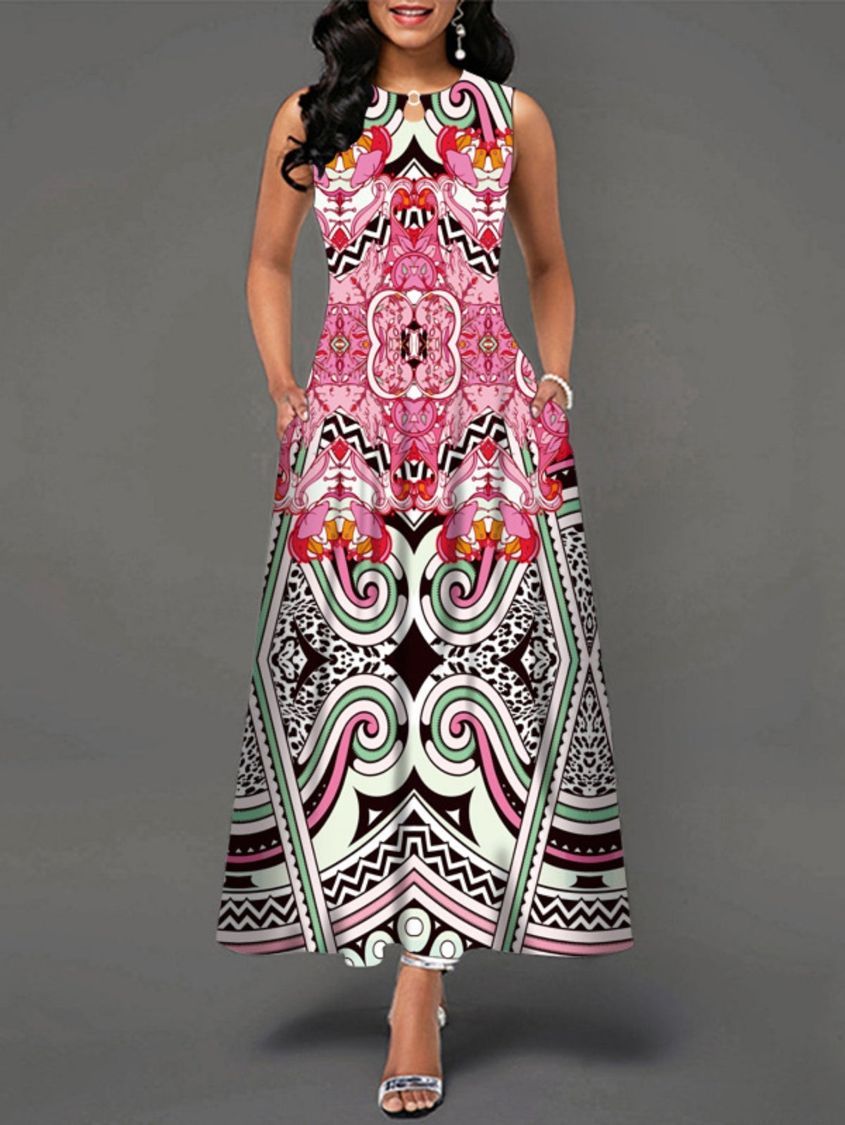 Casual Tank Dress, Colorblock Floral Print Cut Out Round Neck Medium Stretch Maxi Tank Dress