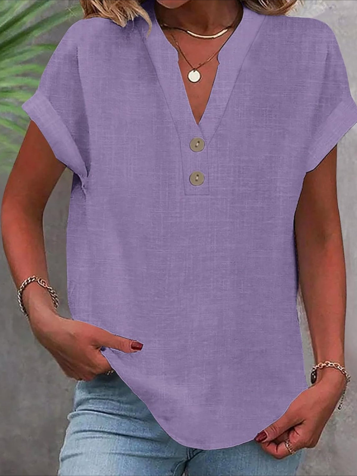 Solid Color V Neck Short Sleeve Button Down T Shirts