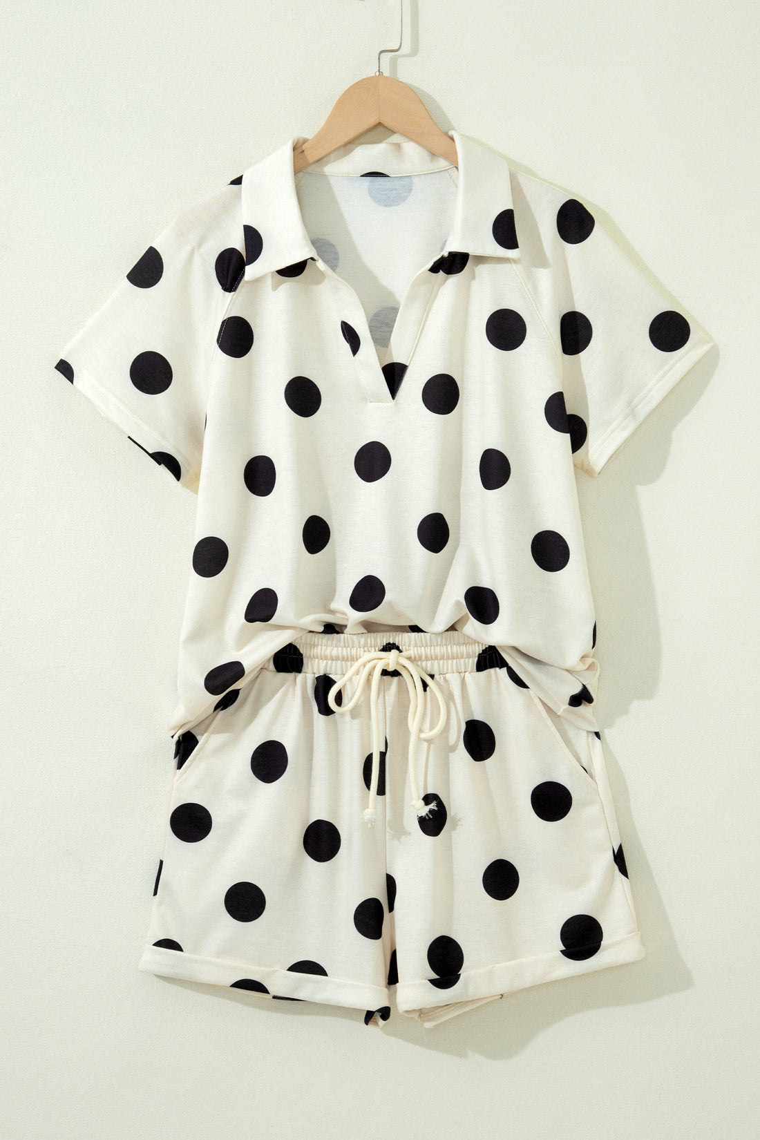 Beige Polka Dot Print V Neck Tee Short Set