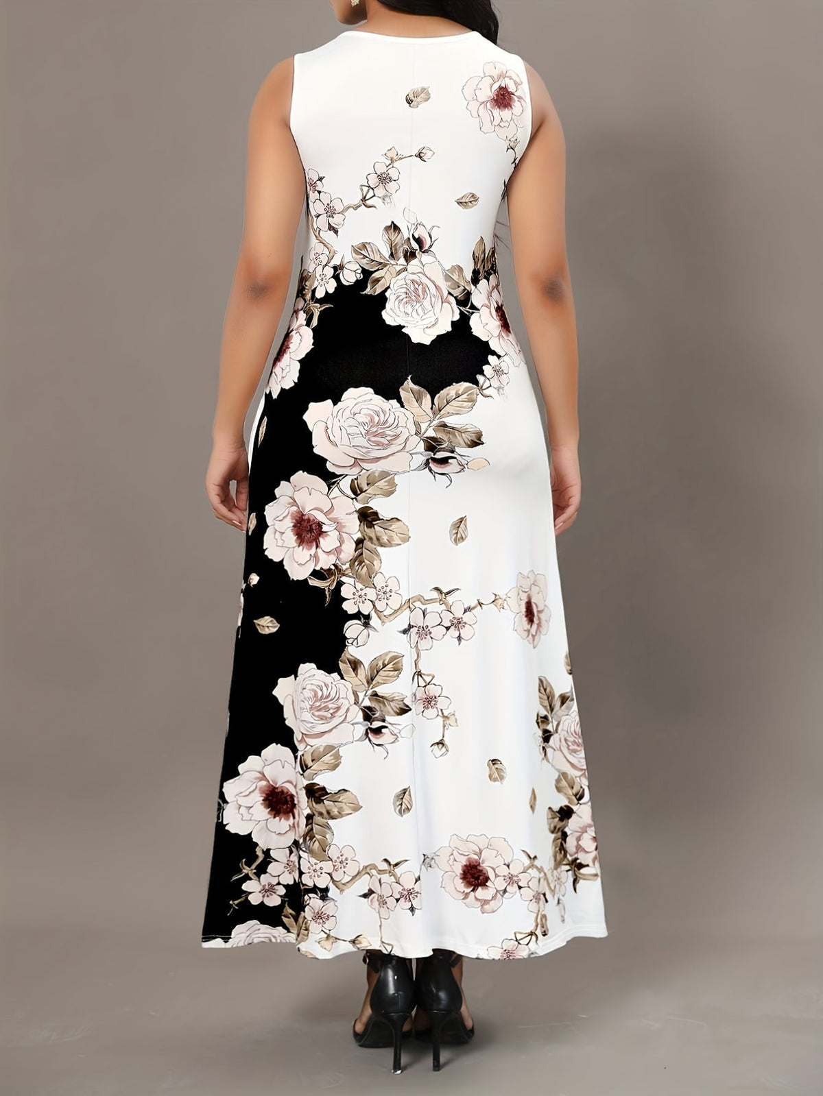 Casual Tank Dress, Colorblock Floral Print Cut Out Round Neck Medium Stretch Maxi Tank Dress