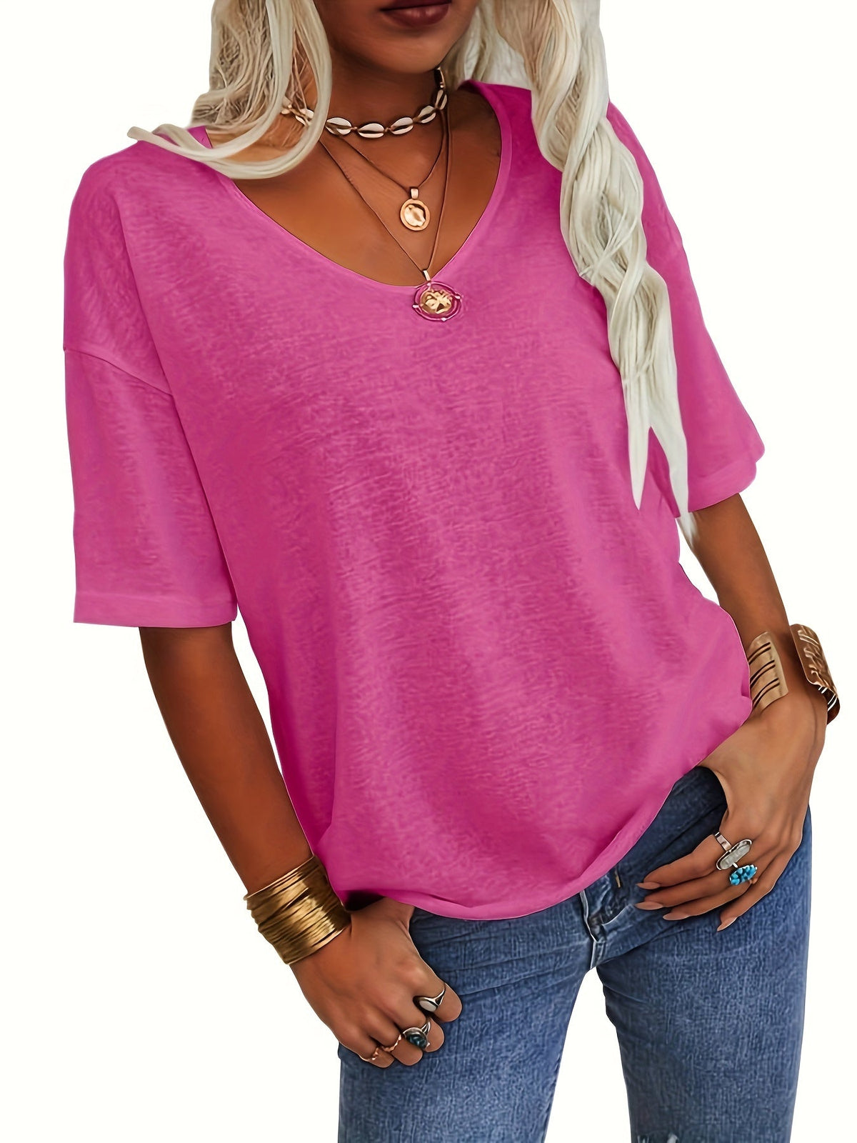 Solid Color V Neck T-shirt, Casual Short Sleeve T-Shirt