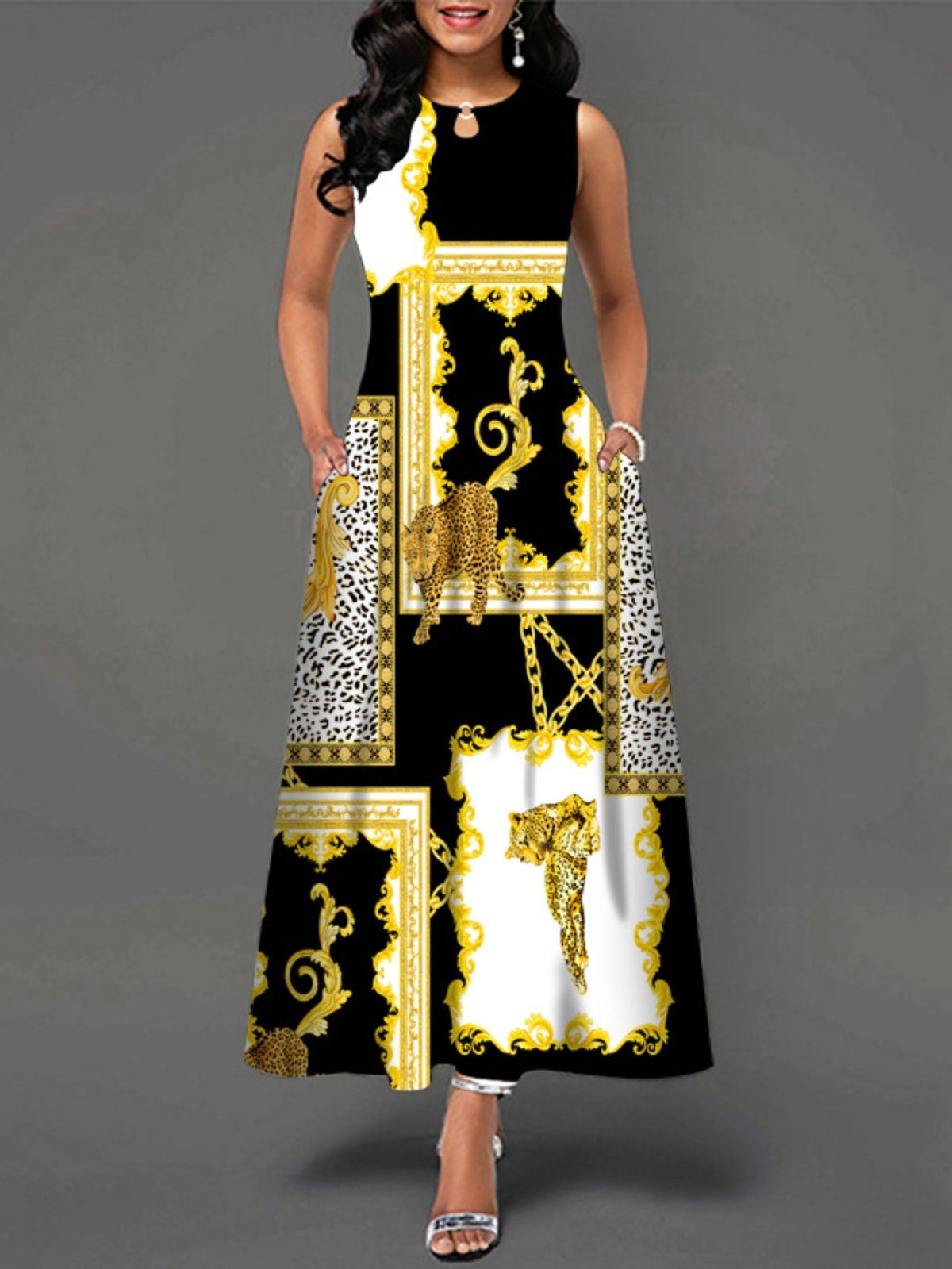 Casual Tank Dress, Colorblock Floral Print Cut Out Round Neck Medium Stretch Maxi Tank Dress