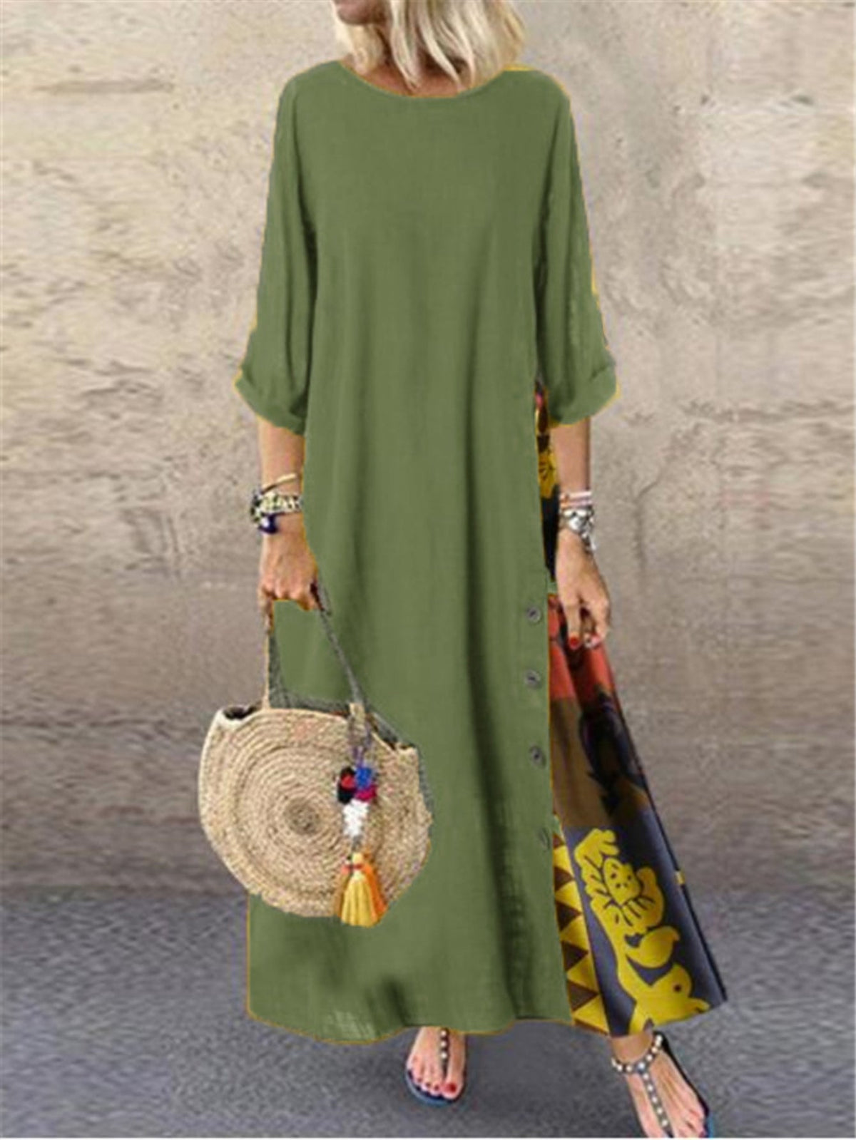 Tribal Print Crew Neck Panel Dress, Casual Long Sleeve Loose Maxi Dress
