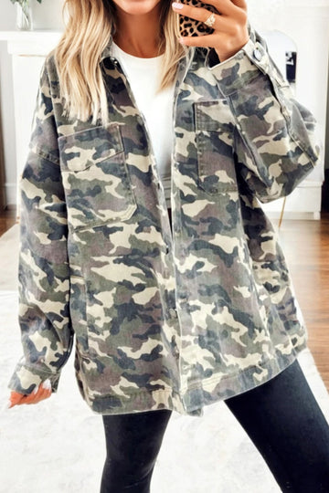 Green Camo Chest Pockets Loose Jean Jacket