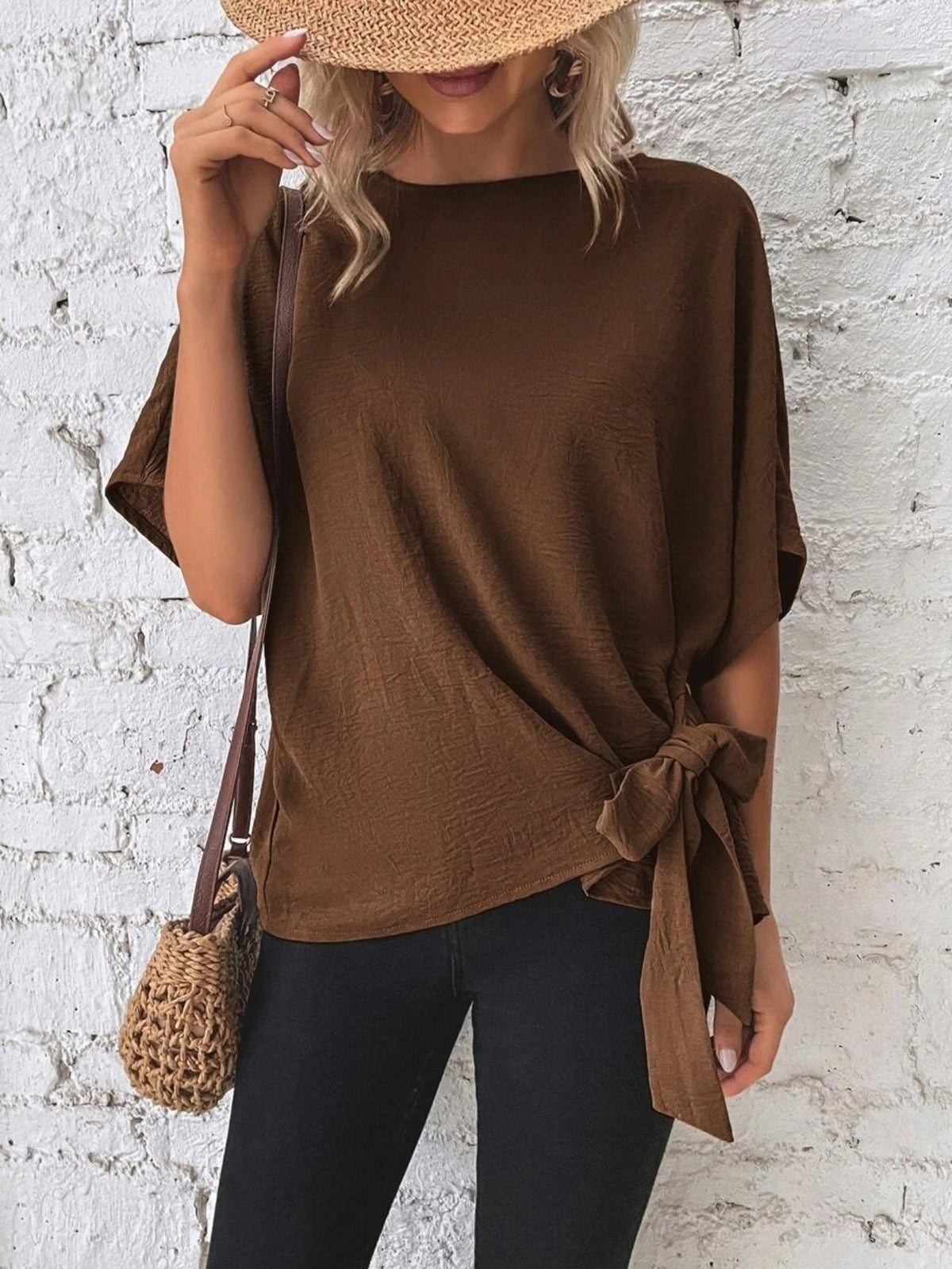 Stylish Solid Knotted Blouse - Comfortable Casual Crew Neck Asymmetrical Top