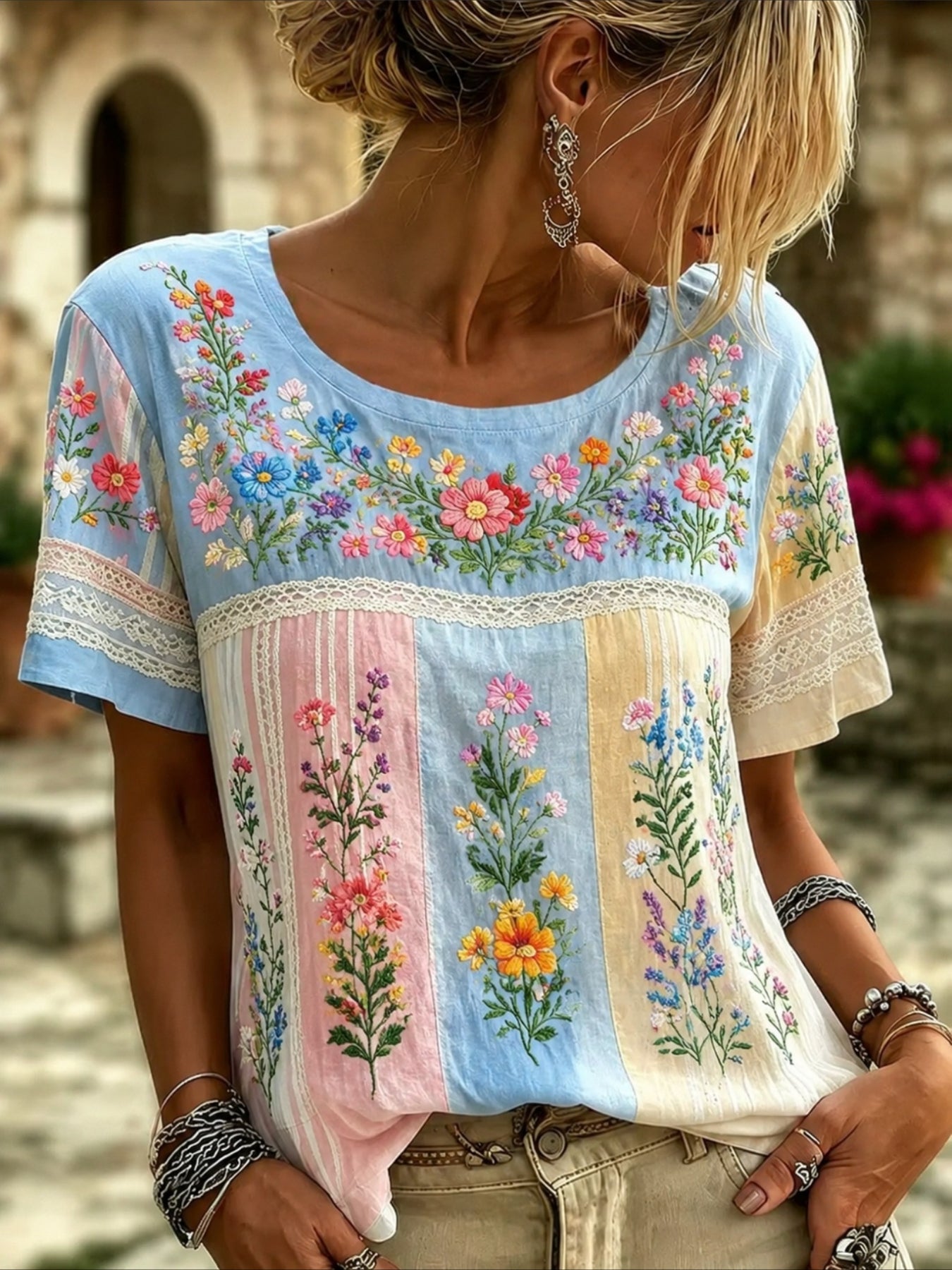 Floral Print Short Sleeve Crew Neck Top with Patchwork Blouse Style