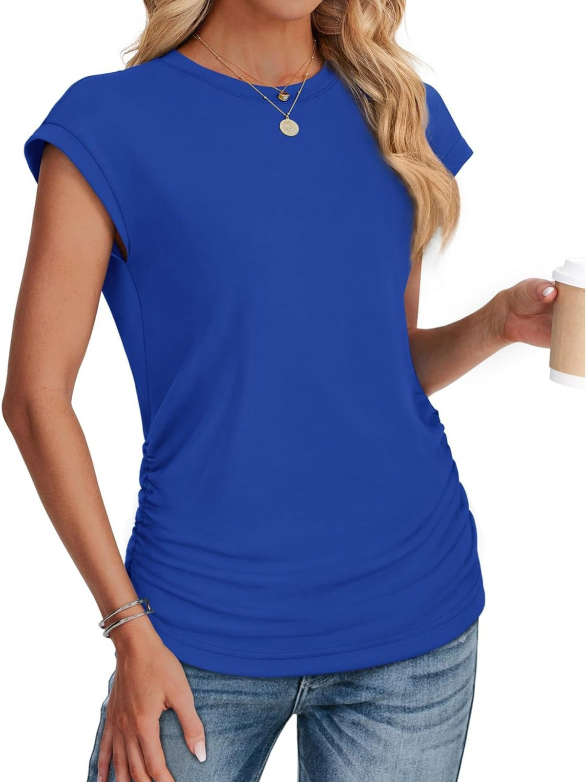 Solid Color Crew Neck Ruched Cap Short Sleeve T Shirts