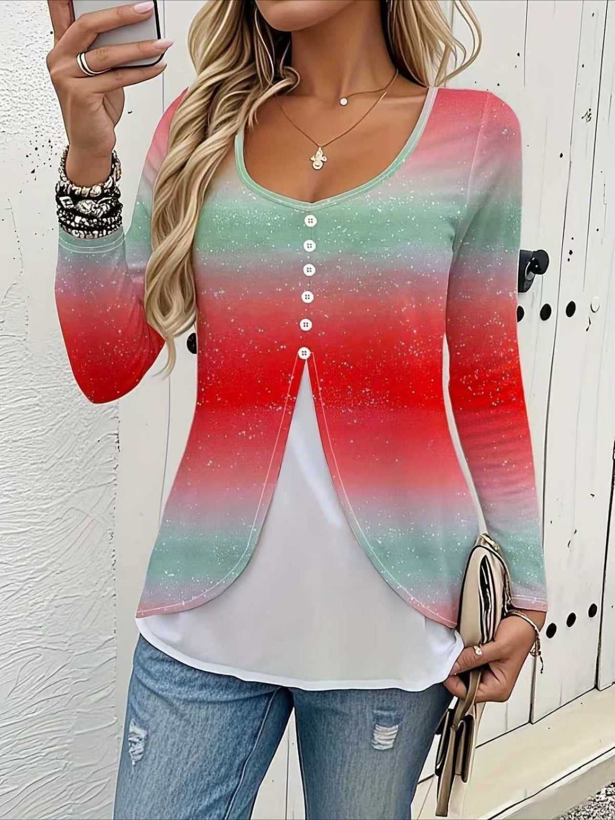Elegant Striped Long Sleeve Button-Up White Checkered Pattern Round Neck Checkered Pattern T-shirt