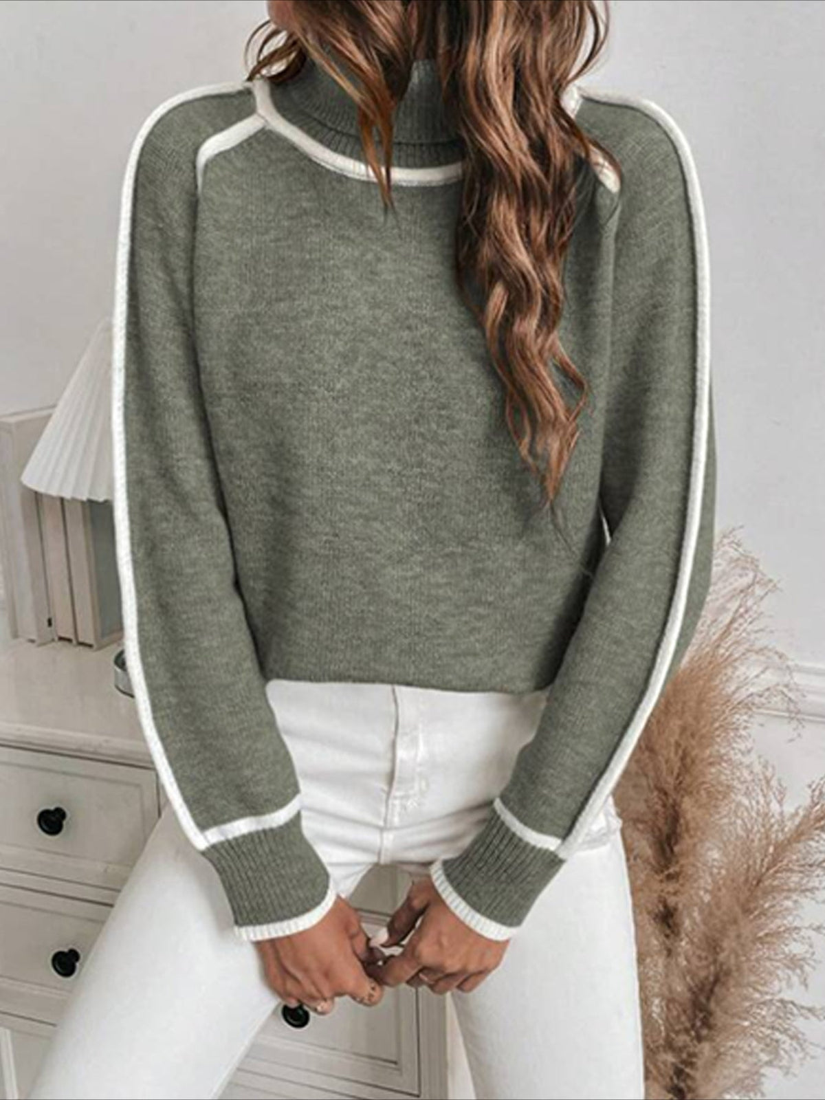 Stylish Contrast Trim Turtle Neck Sweater - Cozy Casual Long Sleeve Sweater