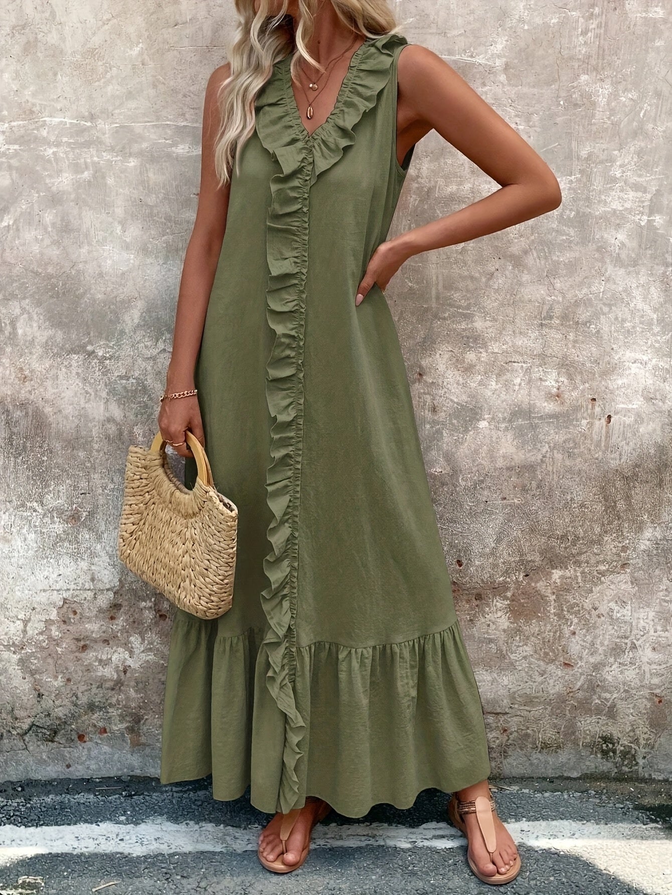 Sleeveless V-Neck Women's Elegant Green Ruffle Hem Midi Dress