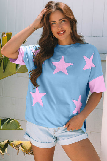 Myosotis Frayed Denim Star Patched Oversize T Shirt