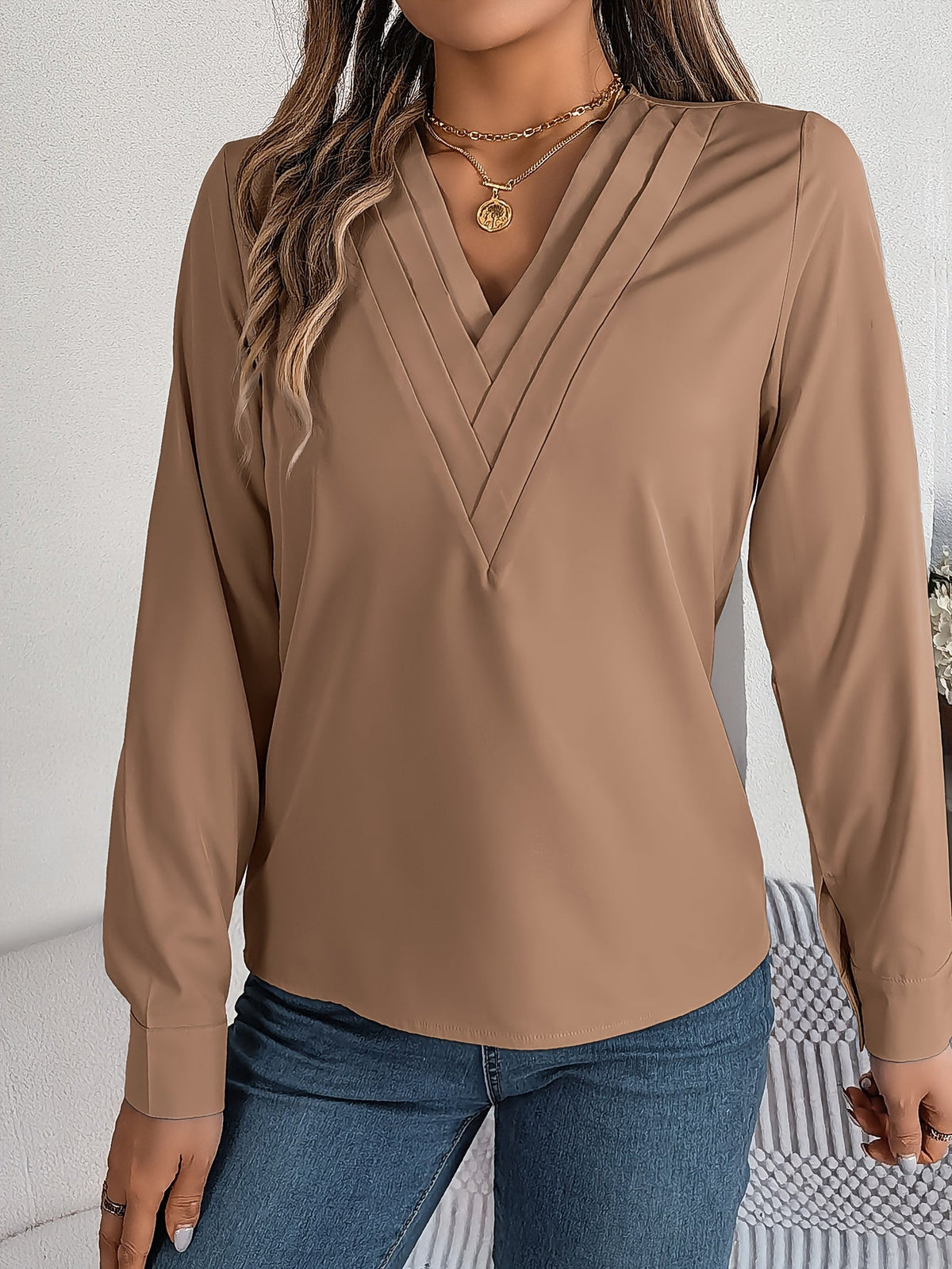 Solid Color V Neck Blouse, Elegant Long Sleeve Blouse