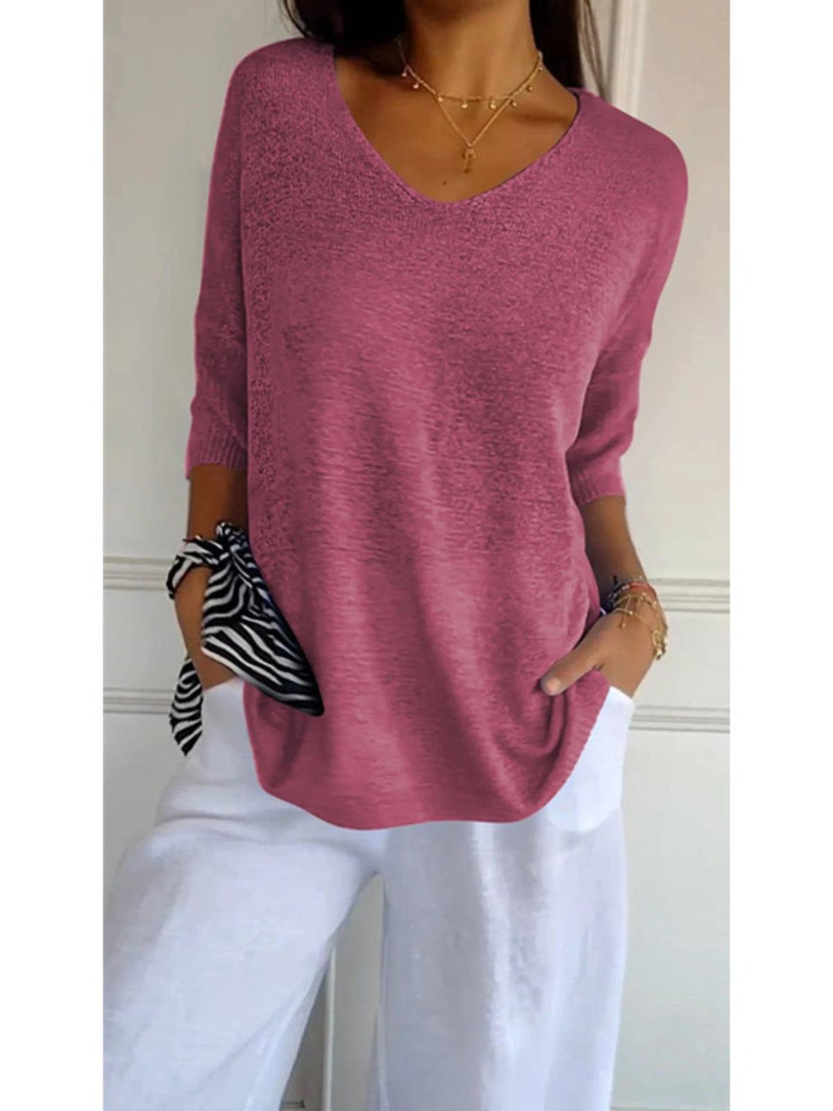 Cozy V Neck Pullover Three-Quarter Sleeve Knitted Sweater