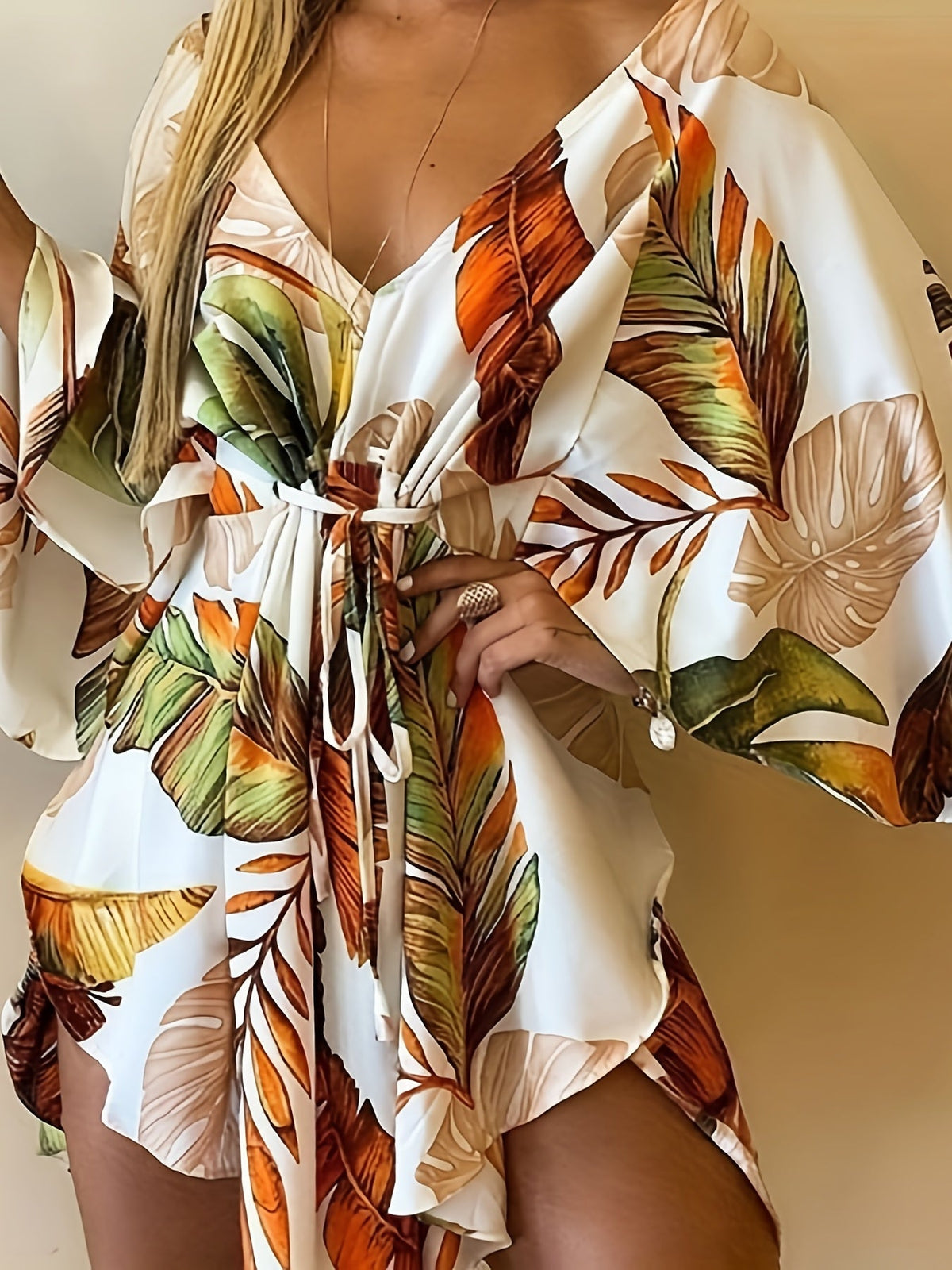 Full Printed V Neck Dress, Casual Tie Waist Batwing Sleeve Dress