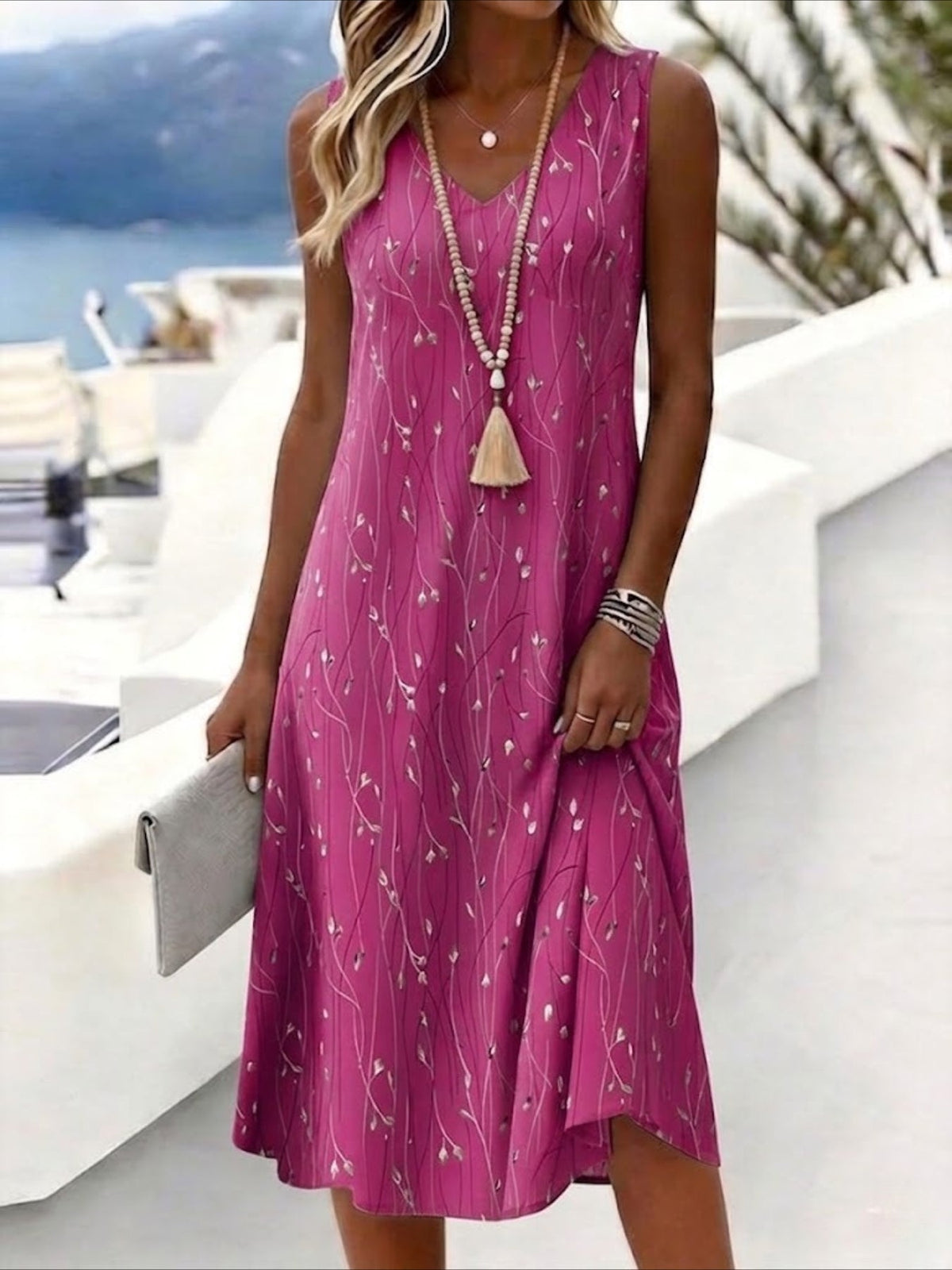 Leaf Print Sleeveless V-Neck Casual Midi Dress