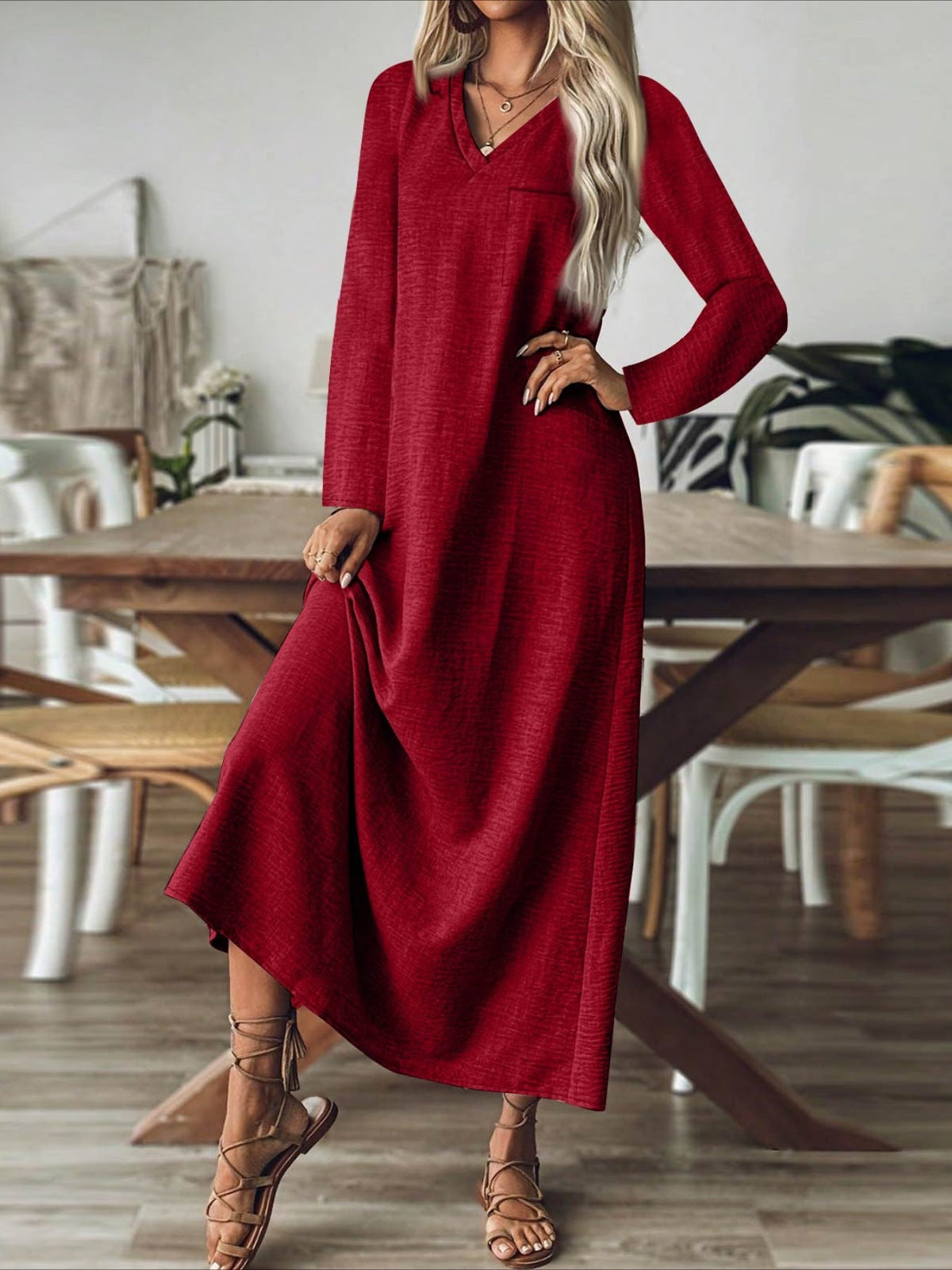 Back Zipper Solid Color Long Sleeve Cotton and Linen Dress
