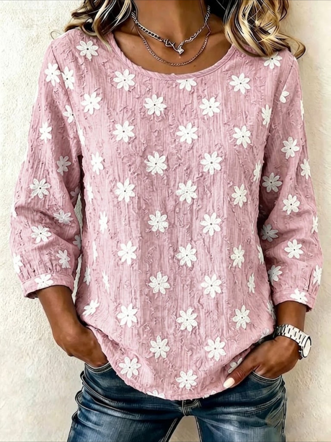 Crew Neck Half Sleeve Star Printing Regular Blouse