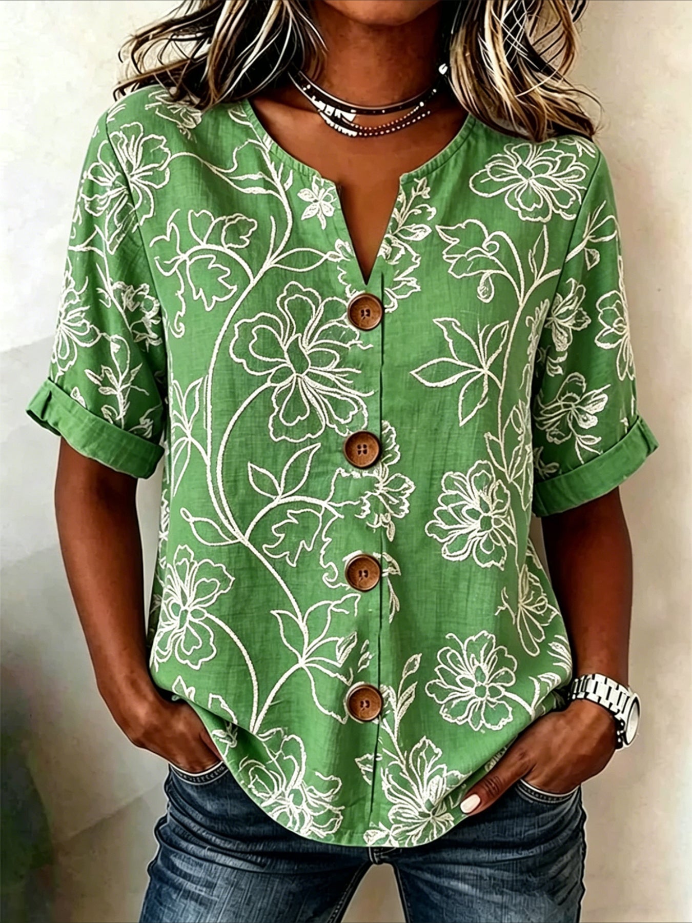 Stand Collar Long Sleeve Floral Regular Loose Shirt