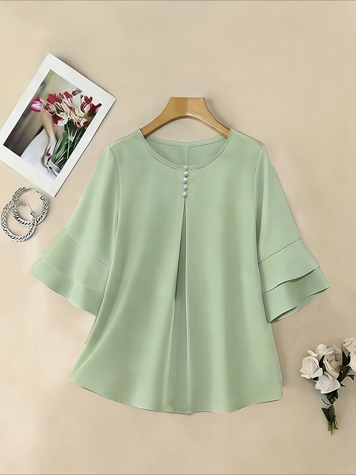 Elegant Fashion Summer Loose Solid Round Neck Button-Up Shirt Flared Sleeve Ruffle Top