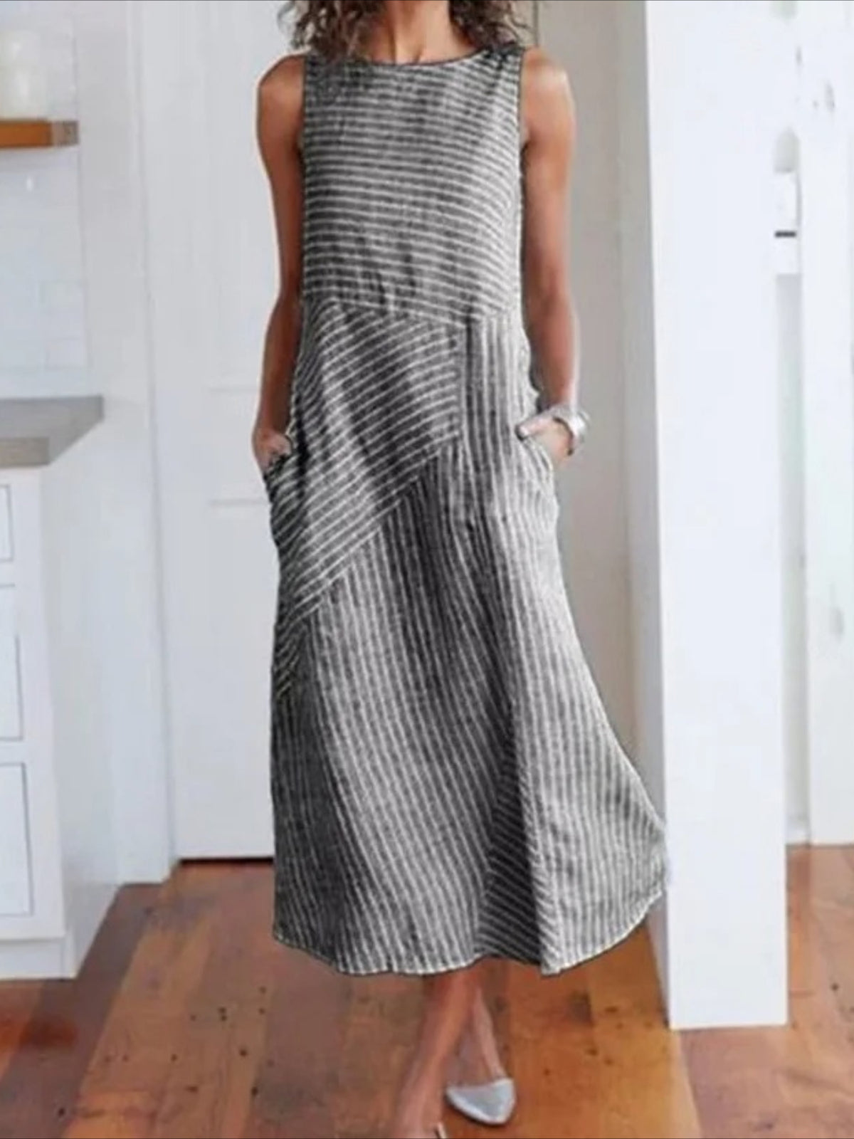 Striped Crew Neck Sleeveless Tank A-Line Dress